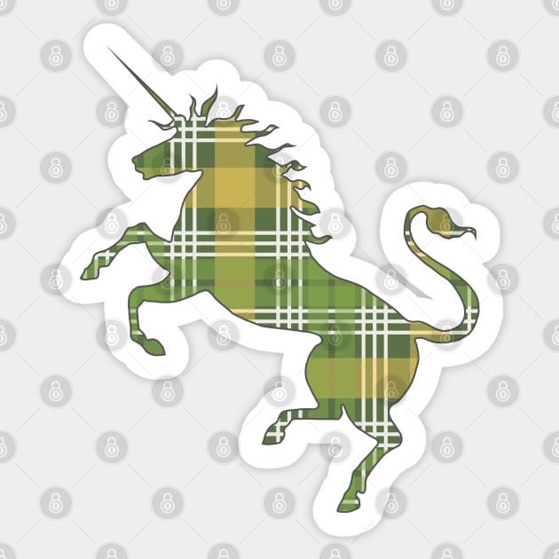 Scottish Green, White and Yellow Tartan Rearing Unicorn Silhouette Sticker by MacPean